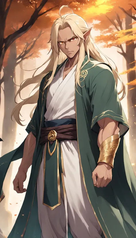 long hair, dark skin, golden eyes, hair over one eye, mature male, male, elf ears, thick thighs, druid, fantasy, blonde hair, cloak, chinese clothes