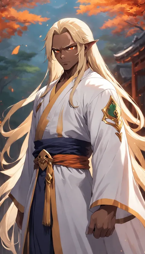 long hair, dark skin, golden eyes, hair over one eye, mature male, male, elf ears, thick thighs, druid, fantasy, blonde hair, cloak, chinese clothes