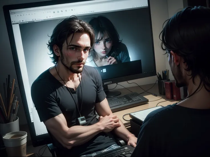 Unshaven man sitting in front of a computer at night in a dark room, Ghostly translucent twin sister peeks over his shoulder, Realistic