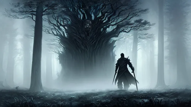 a man walking through a dark forest with a skull in the background, epic fantasy sci fi illustration, cinematic fantasy painting...