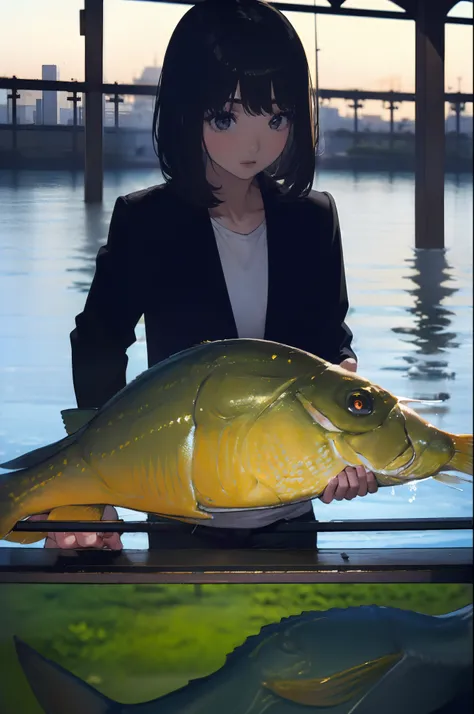 ((((Catching a big fish by the lakeside:1.5)))),((Female 28 years old)),((Best Quality:1.5)),(((Hands with the correct number and structure of fingers:1.4))),((Big fish:1.37)),hight resolution,ultra-detailliert,​masterpiece,best qualtiy,Eight-headed body,B...