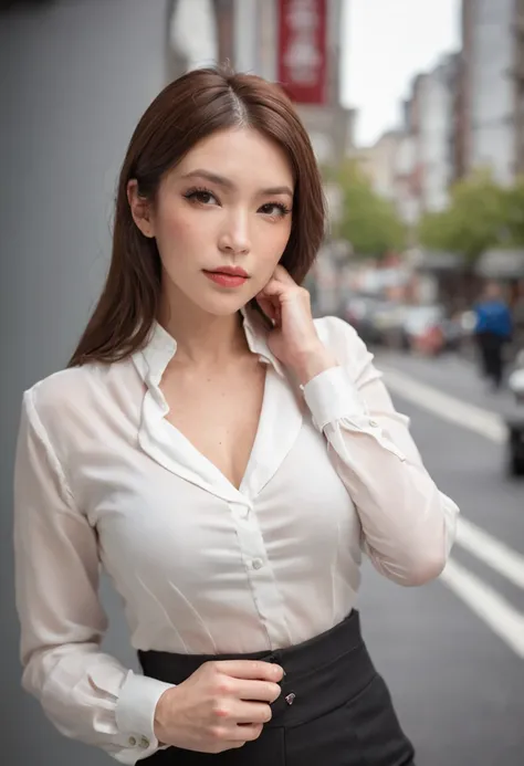 stunning portrait photography of a busty anna jones sky news   black trousers and a sharp white blouse top, tokyo streets