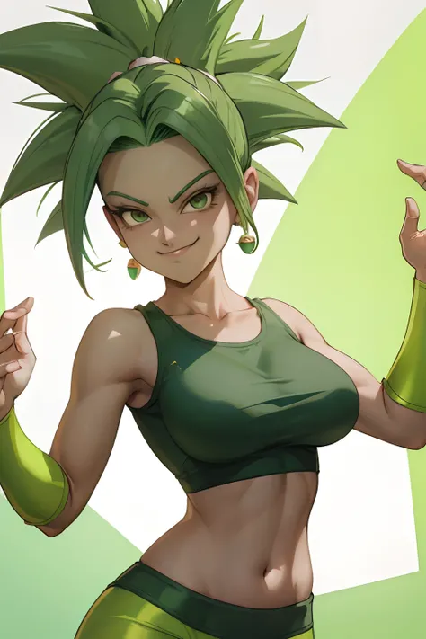 (best quality, masterpiece), green hair, green earrings, yoga pants, yoga bra, skin tight, toned, smug, smirk, kefla, thin waist, backlight,