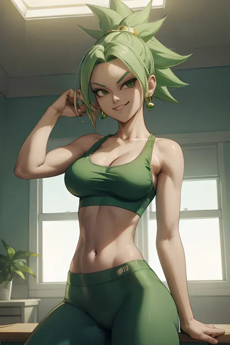 (best quality, masterpiece), green hair, green earrings, yoga pants, yoga bra, skin tight, toned, smug, smirk, kefla, thin waist, backlight,