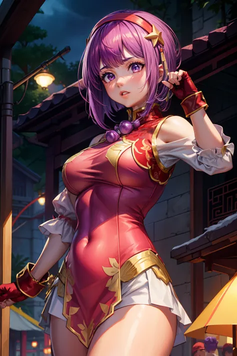 upper body, 1girl, thick lips, solo, AthenaMS, purple hair, red dress, red hairband, yellow star pin, chinese clothes, tatting, gloves, navel, fingerless gloves, medium breasts, crotch