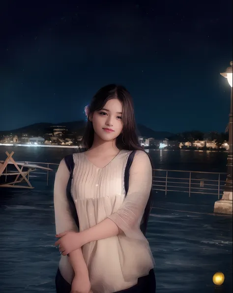 araffe woman standing in front of a body of water at night, at night time, with glowing lights at night, candid picture, with lovely look, at nighttime, night view, at night, very very low quality picture, with beautiful colors, in night, very beautiful gi...