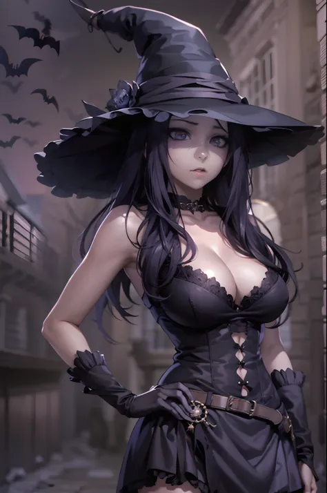 (obra maestra) (La mejor calidad) (Cara perfecta) en un bonito estilo anime. Una joven divertida y aterradoramente linda disfrazada de bruja en Halloween. Lleva un sombrero largo y una escoba vieja, a black harness and a frilly skirt. Ella se para en una c...