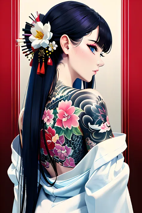 (masterpiece, top quality, best quality, official art, beautiful and aesthetic:1.2),1girl, tattoo, solo, japanese clothes,  hair...