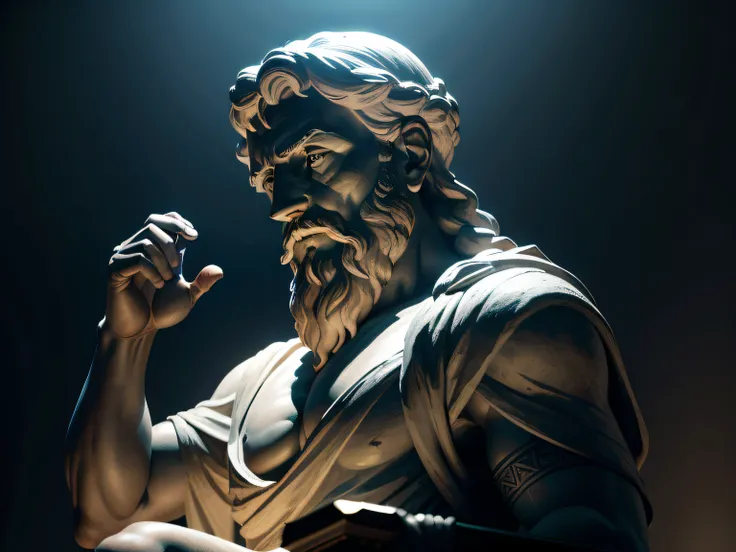 Create an awe-inspiring 8K image portraying a Greek philosopher from the 3rd century BC, immortalized as a statue. Set the scene in a dark and mysterious ambiance, with the figure of the philosopher blurred but enigmatically illuminated by epic lighting an...