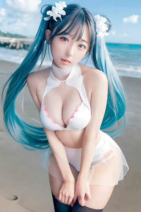 Beach、Clear blue sky、Huza、Seiza、Hands in the crotch、miku hatsune、Official art, ​masterpiece, Sharp Focus, (Beautiful gorgeous cute korean woman:1.3), (Beautiful cute korean woman:1.3), Korean  beauty, Delicate Beautiful Hair and Eyes and Face, realisitic, ...