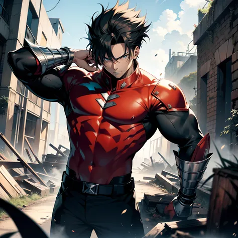 a imagem apresenta um jovem 22 anos. Anime fireforce. Personagem Shinra kusakabe. sem camisa, lean physical appearance, the hair is combed back black color. Olhos castanhos escuros graves. a serious face, selvagem. corpo machucado, Scratches. bermuda simpl...