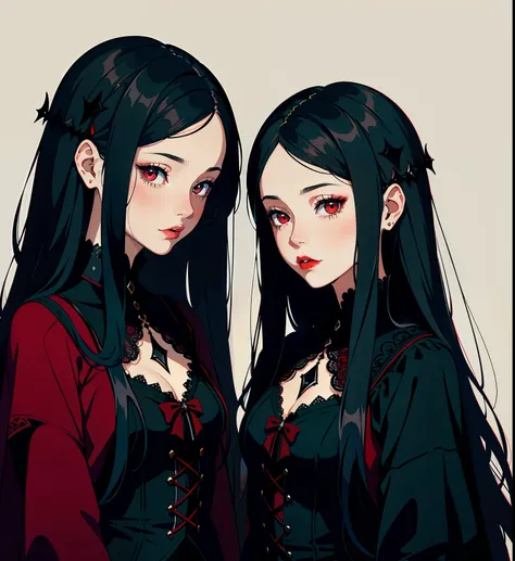 adesivo, fundo simples, portrait, 2 girls, couple, girl with long hair, beautiful gothic girl, gothic aesthetic, beautiful girl, very beautiful fantasy art, beautiful and elegant female gothic, beautiful detailed fantasy, black and red color palate, black ...