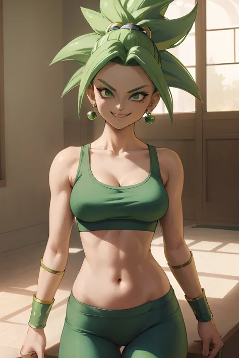 (best quality, masterpiece), green hair, green earrings, yoga pants, yoga bra, skin tight, toned, smug, smirk, kefla, thin waist, backlight,