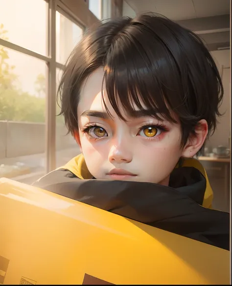 A boy with short black hair and yellow pupils、I saw Qians eyes shining with Q-printmaking style