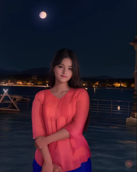 araffe woman standing in front of a body of water at night, at night time, with glowing lights at night, candid picture, with lovely look, at nighttime, night view, at night, very very low quality picture, with beautiful colors, in night, very beautiful gi...