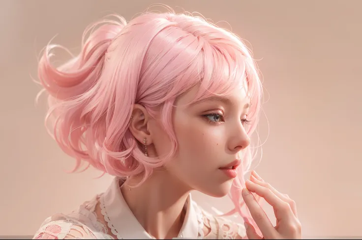 A breathtakingly beautiful 3D hyperrealistic woman with light pink hair, her hand gracefully hovering near her face, creating a work of art.