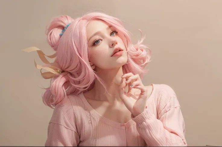 A breathtakingly beautiful 3D hyperrealistic woman with light pink hair, her hand gracefully hovering near her face, creating a work of art.