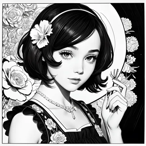 Black and white stick figure 1 girl with carnations flower in background, loli in dress with flowers, its fine ink line art, comic style, portrait of ploynesian girl, Marilyn Munroe, Hollywood glam, beautiful line art, black and white comic style, manga st...