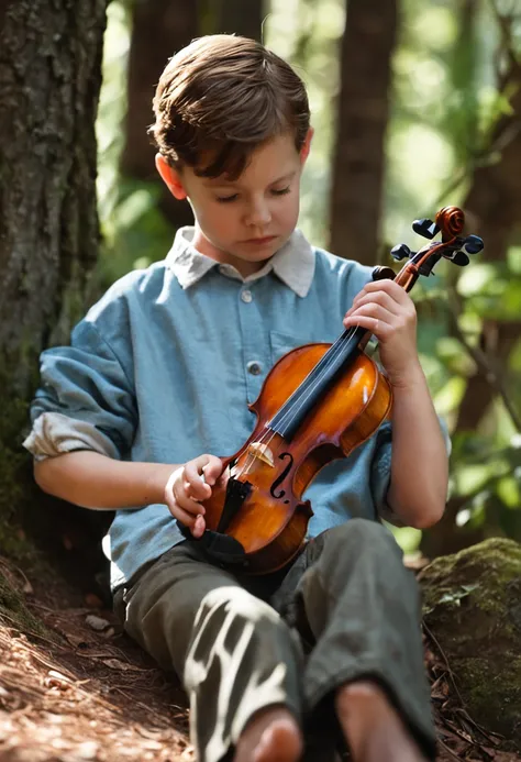 Liam, with a concentrated expression, ajustando as cordas de um violino quase completo. He is in a quiet corner of the forest, where the suns rays pierce through the trees. The violin is resting on his legs, and his hands are meticulously making the final ...