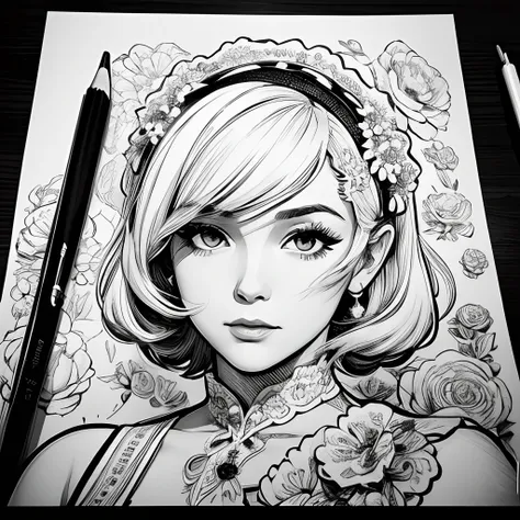 Black and white stick figure 1 girl with carnations flower in background, loli in dress with flowers, its fine ink line art, comic style, portrait of ploynesian girl, Marilyn Munroe, Hollywood glam, beautiful line art, black and white comic style, manga st...