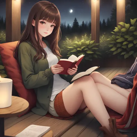 Brown haired girl with bangs, modern clothing, soft clothing, peaceful forest, night, reading a book