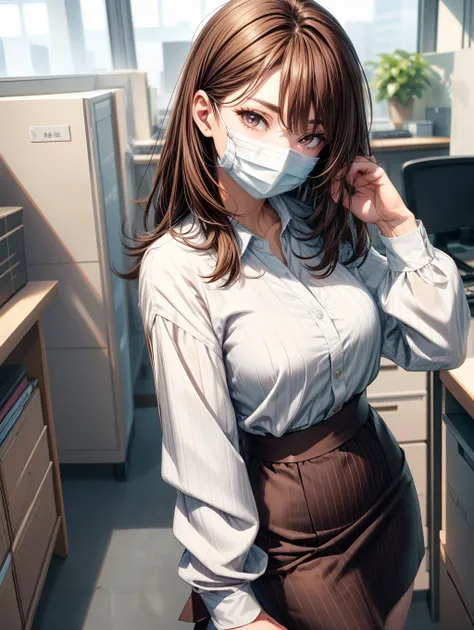 Best Quality, masutepiece, beautiful mature women、Beautiful face、Strong-minded woman、Office Suits、brown haired、Brown-eyed、Medium Hair、s Office、Full body like、Wear a white mask、Undersized eyes