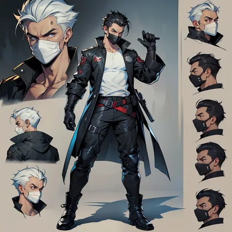 Close-up of a man in a pistol costume, ((character concept art)), ((Character design sheet, same character, on front, from on the side, At the back)) Character image, Video game character design, Video game character design, Mens hair is black and pushed b...