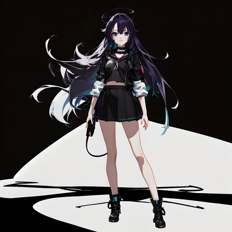 anime girl with long hair and a short skirt standing in front of a black background, live2d virtual youtuber model, anime vtuber...