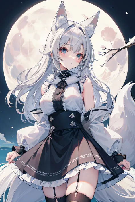 coyote、a Dog、tits out 、White and gray hair、Fluffy fur、Mofumofu collar、tail、Gothic lolita、Eye Highlights、fullmoon、snow mountains、Sleeved、Sleeveless、Eye Highlights