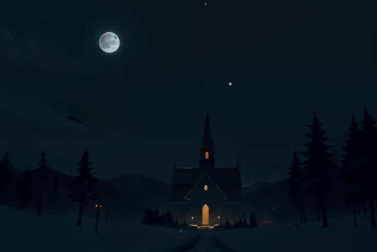 masterpiece, 4k, detailed, dark, night time, snow, gloomy, exteriror shot of a lone, solo scary church, on top of a hill, large moon in the background