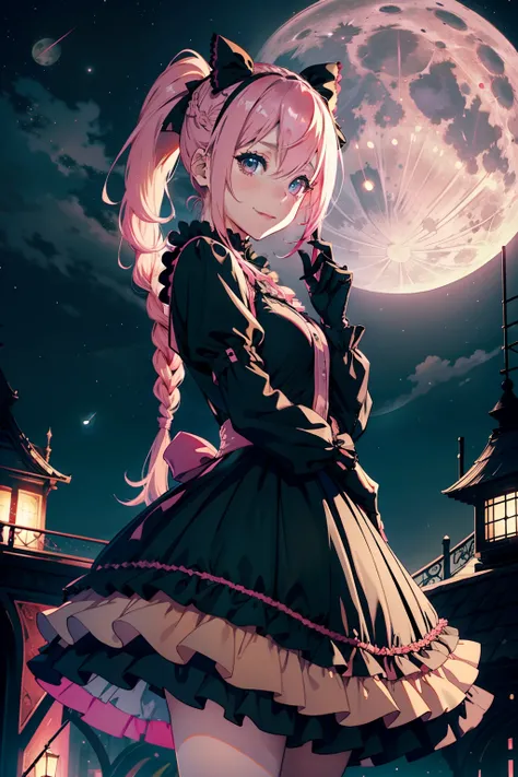 young girl, pink hair, serah farron, side braided ponytail hair style gothic lolita style, lolita black dress, black gloves, in the night, smiling, yellow full moon, stars, 4k, maserpiece