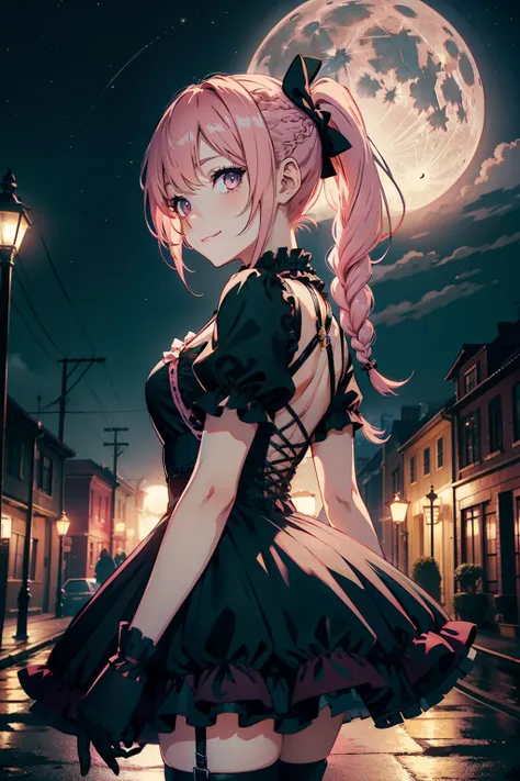 young girl, pink hair, serah farron, side braided ponytail hair style gothic lolita style, lolita black dress, black gloves, in the night, smiling, yellow full moon, stars, 4k, maserpiece