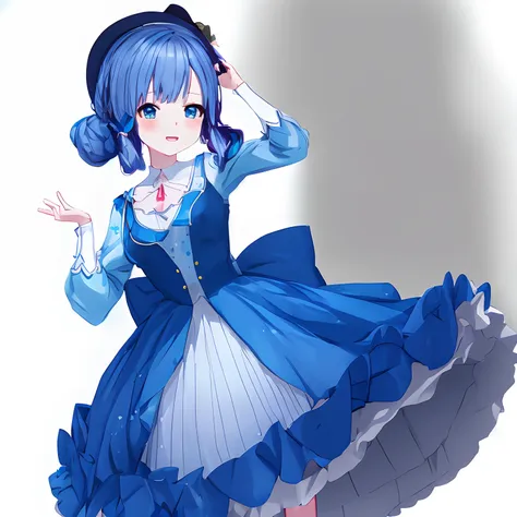 anime girl in a blue dress with a bow and a blue hat, loli in dress, live2d virtual youtuber model, anime styled 3d, anime moe a...