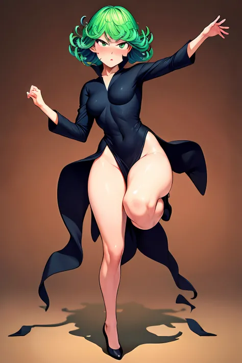 (masterpiece, best quality:1.2), full body, solo, 1girl, tatsumaki, black dress, wind, wind lift, no panties, , embarrassed, angry, blush, public indecency, shoes, black shoes, high heels, dancing, long legs, dynamic pose