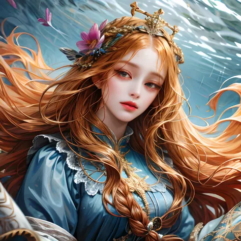 (absurdres, highres, ultra detailed), 1girl, solo, mature, (long hair), Baroque, dress, long sleeve, elegant, holy, colorful, highest detailed, portrait, close up, underwater, floating hair, flower