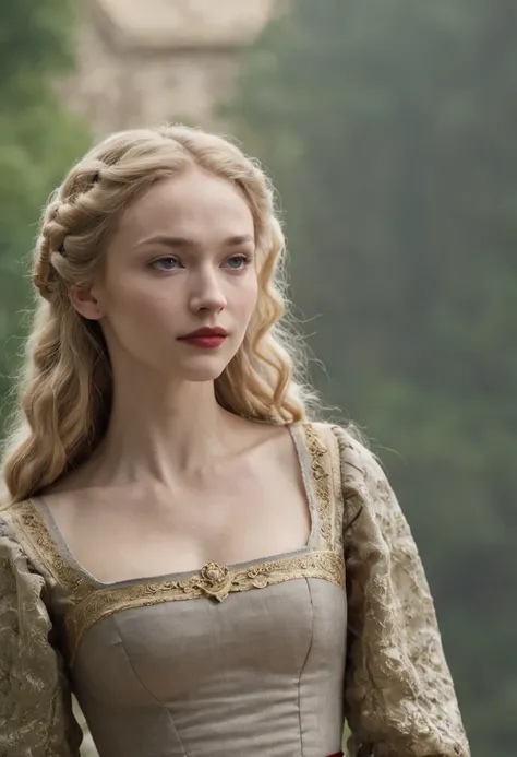 Portrait of a very beautiful medieval young woman Mirena from the film Dracula Untold (2014), feminine image of Mirena from the film Dracula Untold (2014), very beautiful and slender face of Sarah Gadon, long blond thick hair, her hair shimmers with gold, ...