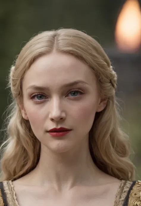 Portrait of a very beautiful medieval young woman Mirena from the film Dracula Untold (2014), feminine image of Mirena from the film Dracula Untold (2014), very beautiful and slender face of Sarah Gadon, long blond thick hair, her hair shimmers with gold, ...