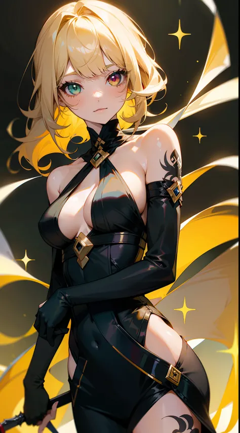 "1girl with shoulder-length wavy blonde hair, skew cut bangs, and heterochromia (one green eye and one gold eye) wearing a black assassin outfit. She is holding a dagger and has a tattoo on her shoulder."