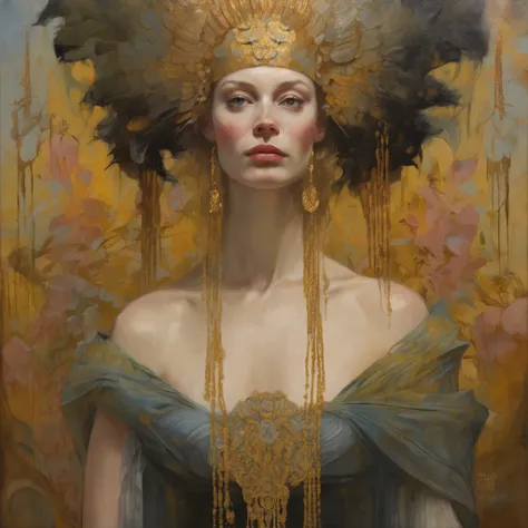 a painting of a woman with a golden headdress and a black dress, Mucha Klimt et Tom Bagshaw, WLOP complexe, exquisite digital illustration, Bel art UHD 4 K, 4k highly detailed digital art, stunning digital illustration, karol bak uhd, a beautiful fantasy e...