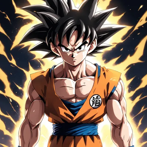 uma arte perfeita de Son Goku como super sayajin envolto em energias e raios amarelos, expression serious, well-defined muscles, Sombra realista, incredible details, olhos perfeitos, perfect hands, corpo inteiro, roupa laranja, Dark sky in the background.