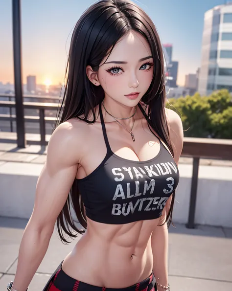 (1female body builder:1.37), masterpiece, best quality, illustration, ultra-detailed, finely detail, highres, 8k wallpaper, perfect dynamic composition, beautiful detailed eyes, natural lip, (((wearing a Punk-T-shirt:1.37, plaid pattern skirt:1.3))), mediu...