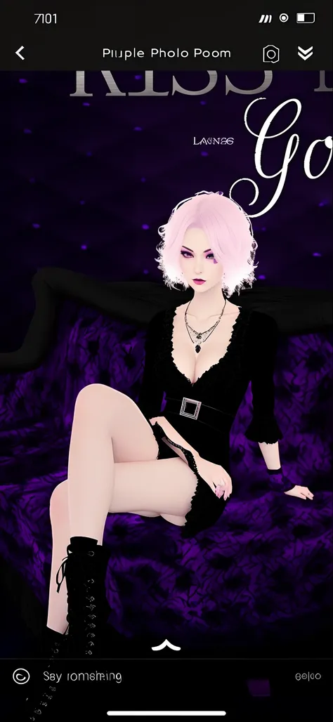 Purple photo room with black dress and woman on purple background, Sensual gloomy style, imvu, second life avatar, lacivious pose, sinister pose, Darkfay, dreamy gothic girl, gothgirl, spellcasting pose, gotik, fashionable dark witch, the witch, secondlife...