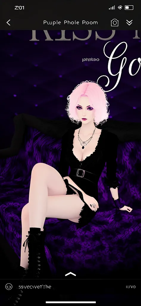 Purple photo room with black dress and woman on purple background, Sensual gloomy style, imvu, second life avatar, lacivious pose, sinister pose, Darkfay, dreamy gothic girl, gothgirl, spellcasting pose, gotik, fashionable dark witch, the witch, secondlife...