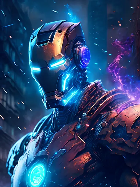 gloomy portrait of Zombie Iron Man from Marvel, extremely detailed, futuristic cityscape, nighttime, glowing neon lights, smoke, sparks, metal shavings, flying debris, blue energy effects, volumetric light