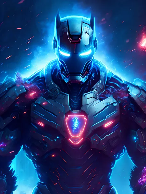 gloomy portrait of Zombie Iron Man from Marvel, extremely detailed, futuristic cityscape, nighttime, glowing neon lights, smoke, sparks, metal shavings, flying debris, blue energy effects, volumetric light