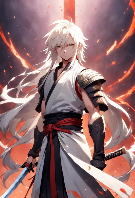 Um cavaleiro albino masculino com cabelo curto, vestindo armadura pesada branca com um capuz preto carregando uma katana longa com lamina vermelha