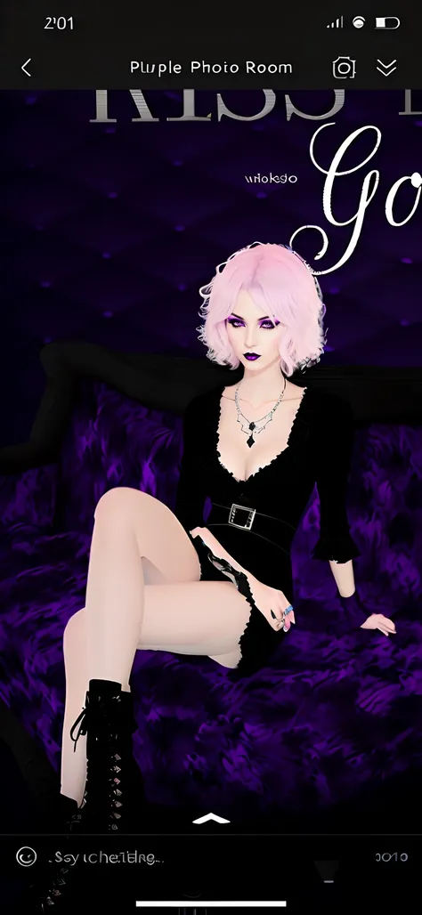 Purple photo room with black dress and woman on purple background, Sensual gloomy style, imvu, second life avatar, lacivious pose, sinister pose, Darkfay, dreamy gothic girl, gothgirl, spellcasting pose, gotik, fashionable dark witch, the witch, secondlife...