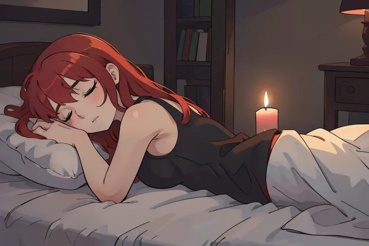 masterpiece, 4k, detailed, candle light on bed stand, candlelit, wide shot, bright colors 1girl, a beautiful woman with long red hair in a black tank top, sleeping on a bed, lying down