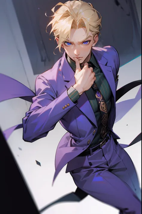 kirayoshikage, kira yoshikage, 1boy, blonde hair, short hair, mature male, cheekbones, purple eyes,
break belt, formal, necktie,...