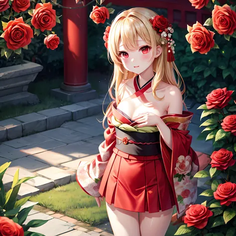 a blond、red eyes、Beautiful girl alone、realisitic、Floral kimono、off shoulders、a miniskirt、red blush、Bright red rose garden、